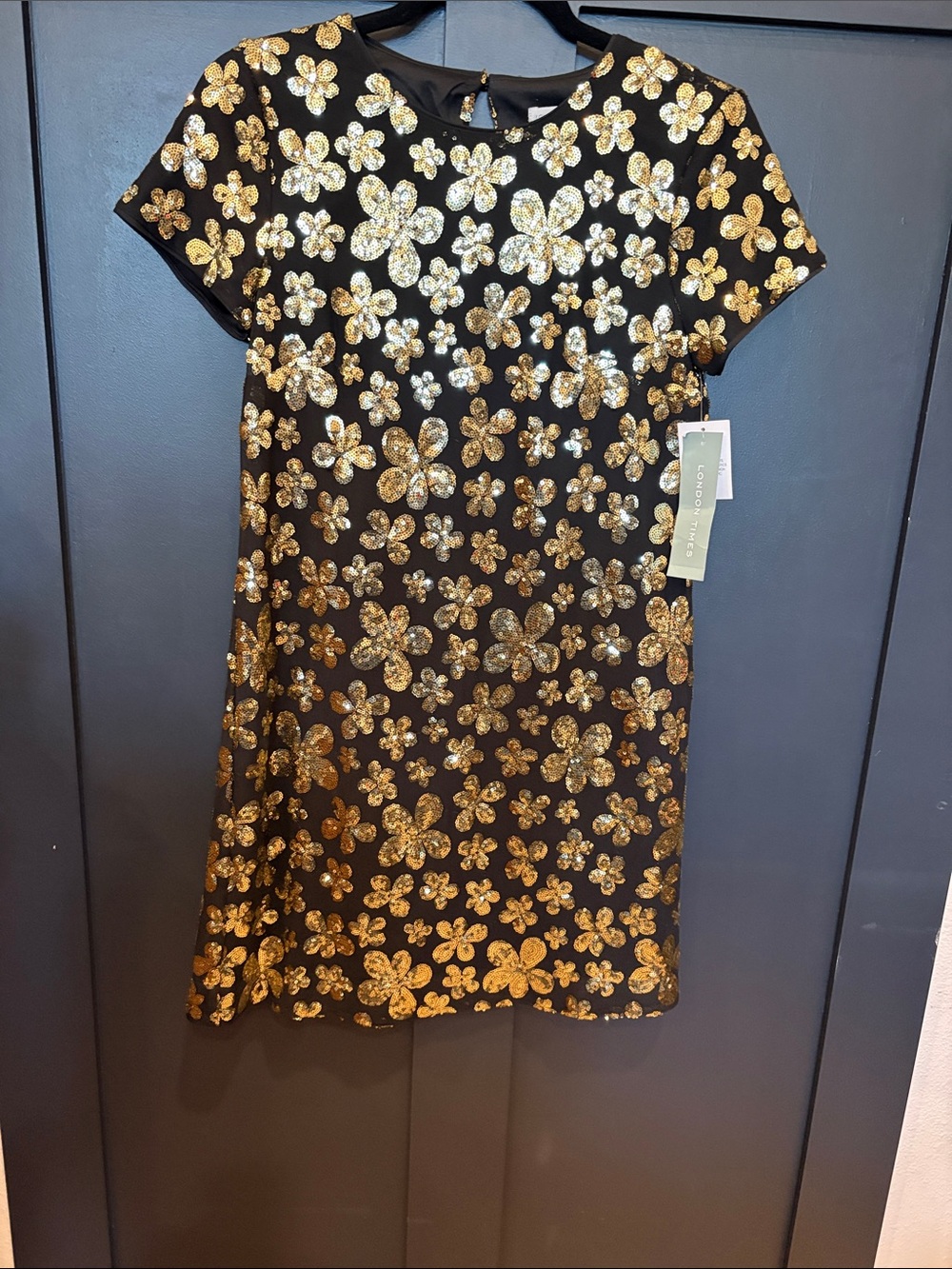 706. London Times Metallic Gold Floral Sequin Midi Dress - Black